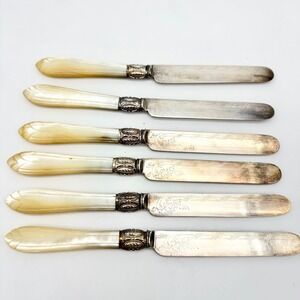 Antique Victorian Mother of Pearl Engraved Dessert Knives Set of 6 Silverplate